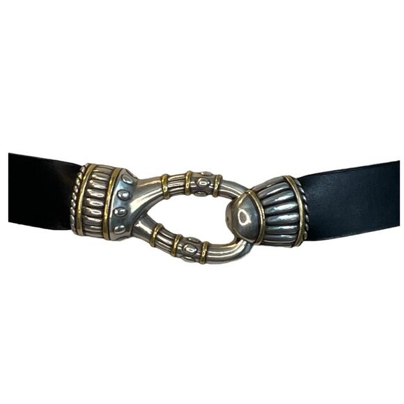 Chico’s Belt Black Split Leather Silver Gold Tone Metal Clasp Slide Adjustable - Picture 3 of 7